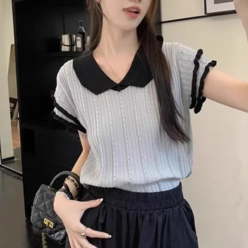 Summer New Casual Loose Short Sleeve Knitted Top Color Contrast Flying Sleeve Temperament