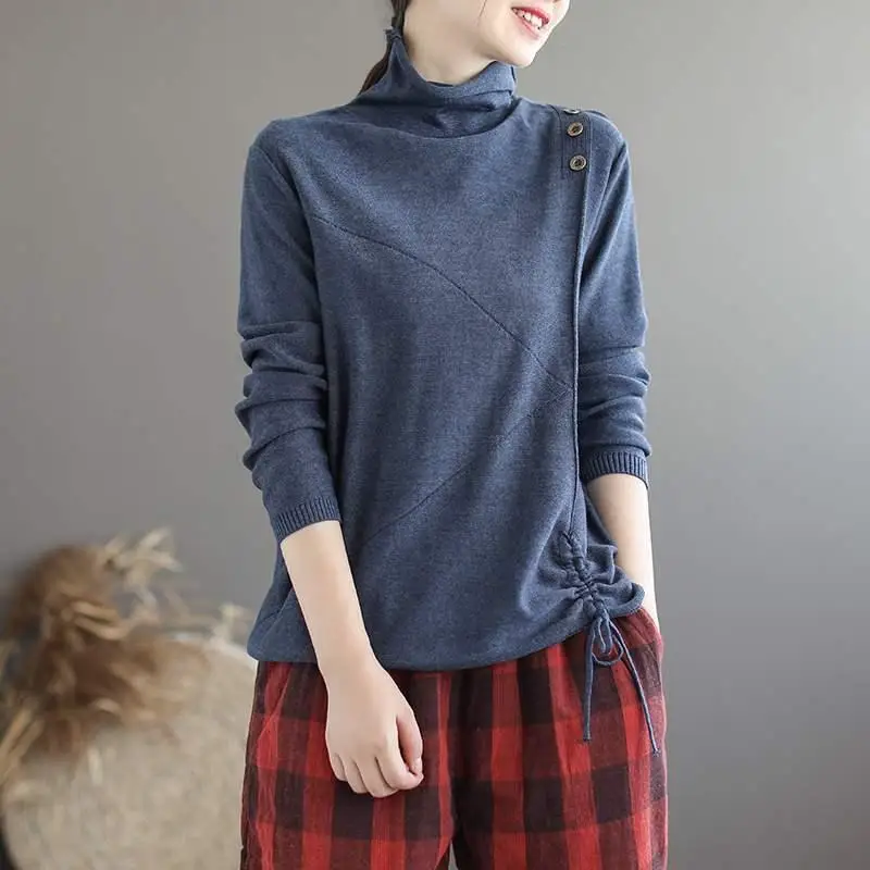 

Fashion Turtleneck Button Solid Color Shirring Sweaters Women's Clothing 2023 Autumn Winter Loose Commuter Pullovers Casual Tops