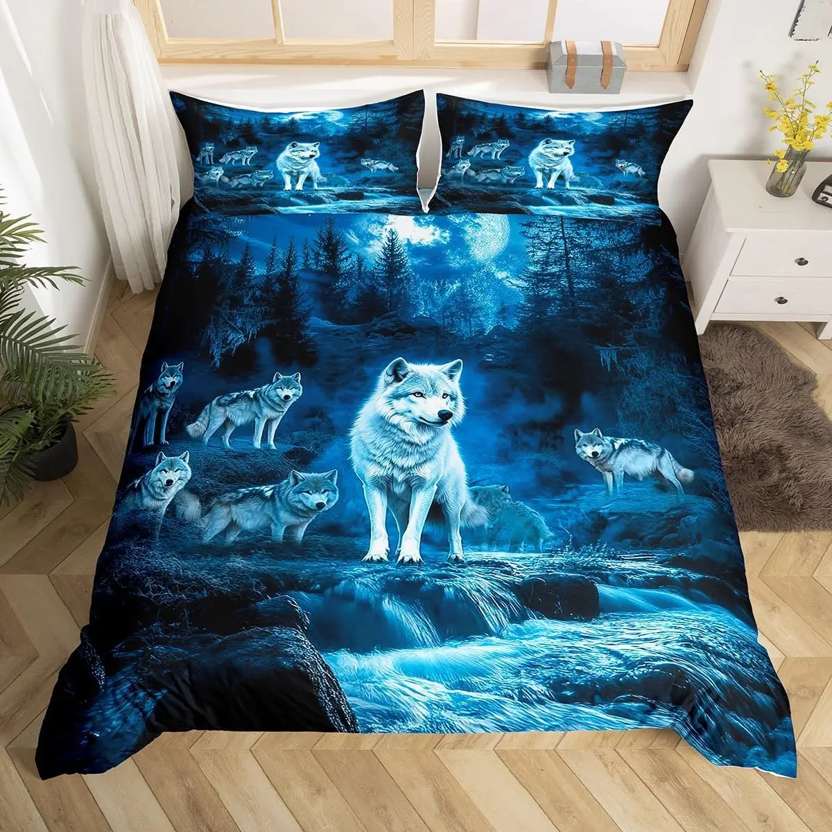 

Wolf Duvet Cover Queen Twin for Kids Boys Teen,Starry Sky Bedding Set Exotic Tribal Animal Comforter Cover Wild Wolf Quilt Cover