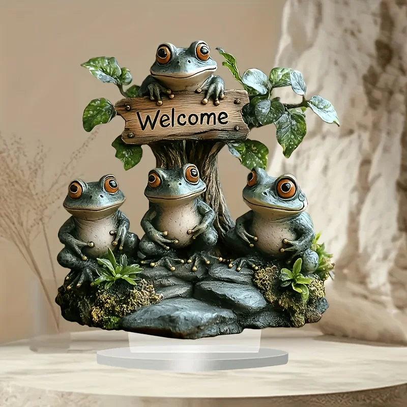 2D Frog Welcome Acrylic Ornament Set Animal Theme Tabletop Decor Home Office Coffee Shop Multifunctional Live Room Decor