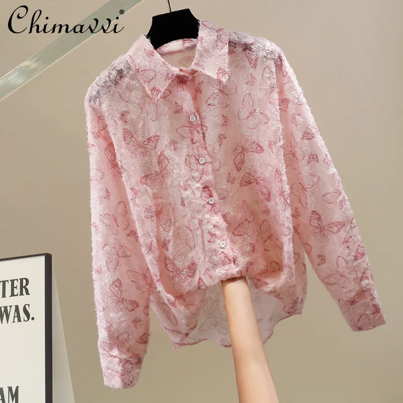 

Fashion Heavy Industry Hot Diamond Flower Embroidery Lapel Shirt Autumn New Sweet Girl French Loose Long Sleeve Shirt Top