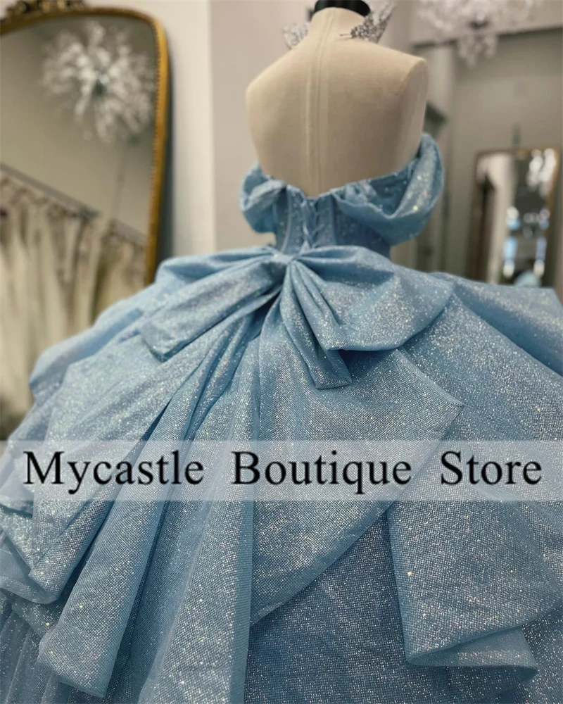 Sky Blue Tulle Beaded Quinceanera Dress 2025 With Bow Crystal Sweet 16 Dress Birthday Party Dress Customized Vestidos De 15 Años