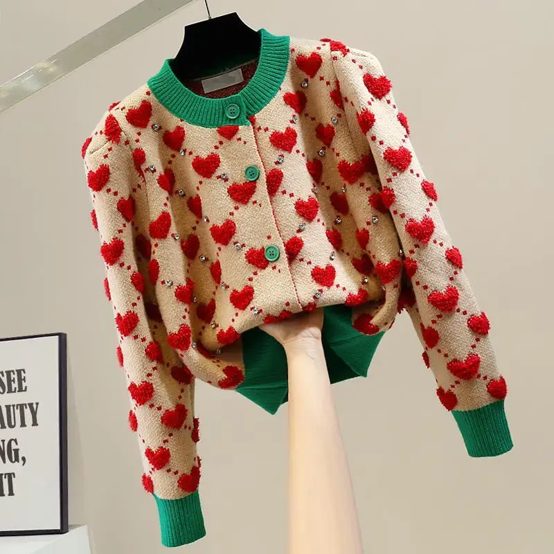 Autumn Winter Fashion Patchwork Diamonds Knitting O-neck Long Sleeve Cardigan Female All-match Buttons Embroidered Sweater Tops