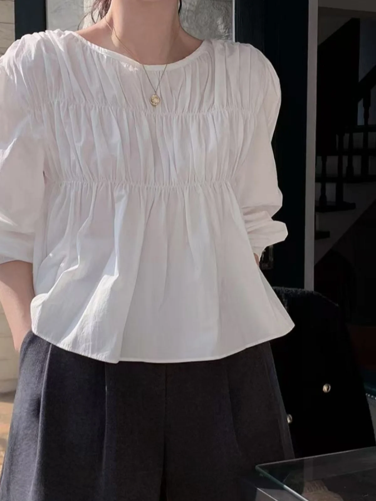 

Spring New Sle Chic Fre Doll irt Women's Sweet Pleated Bubble Sve irt round Ne Versatile Top Commute Sle Strai...