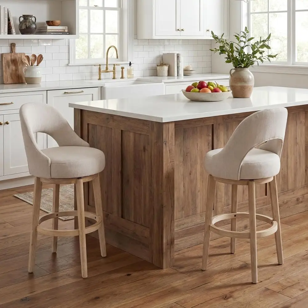 

Set of 2 Beige Chenille Upholstered Swivel Bar Stools with Back, Rubberwood, Ideal for Kitchen Island or Home Bar