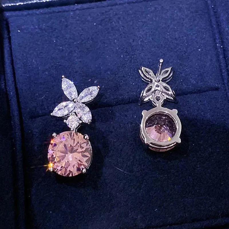 Huitan Exquisite Flower Dangle Earrings Pink Cubic Zirconia for Women Silver Color Temperament Sweet Accessories Fashion Jewelry