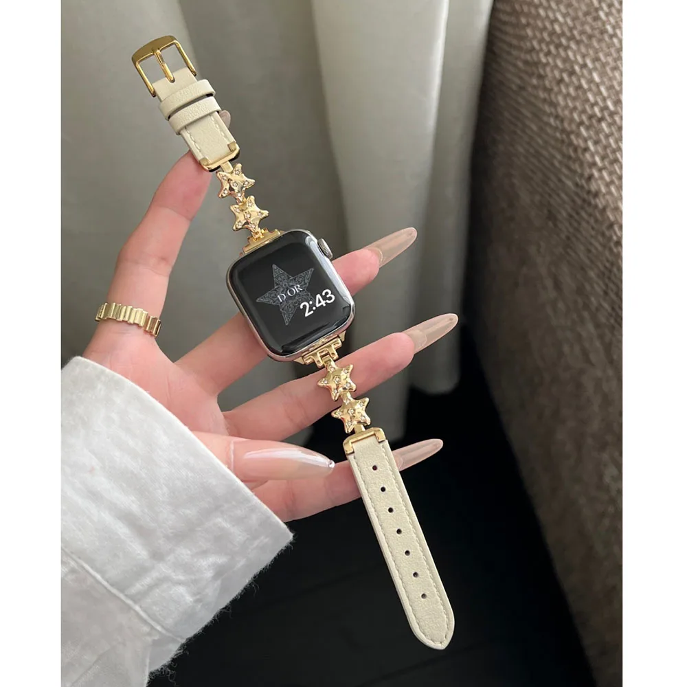 Correa de cuero de Metal con diamantes de estrella de la suerte para Apple Watch 10 9 8 7 SE 6 5 46MM 49mm 41 45 40 44 38 42mm pulsera