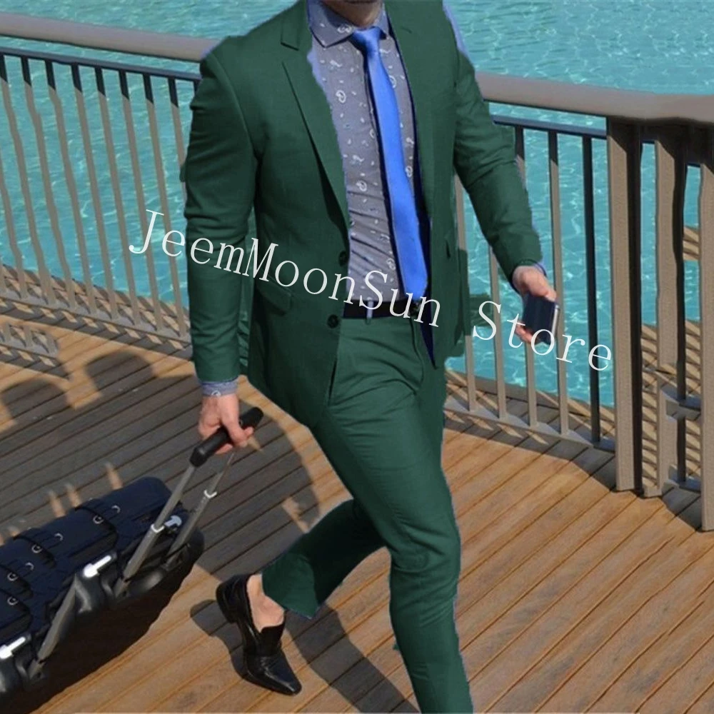 Green Casual Male Suits Notched Lapel Two Buttons 2 Pieces Suits Blazer Pants Best Men Wedding Suits Groom Wear Trajes De Hombre