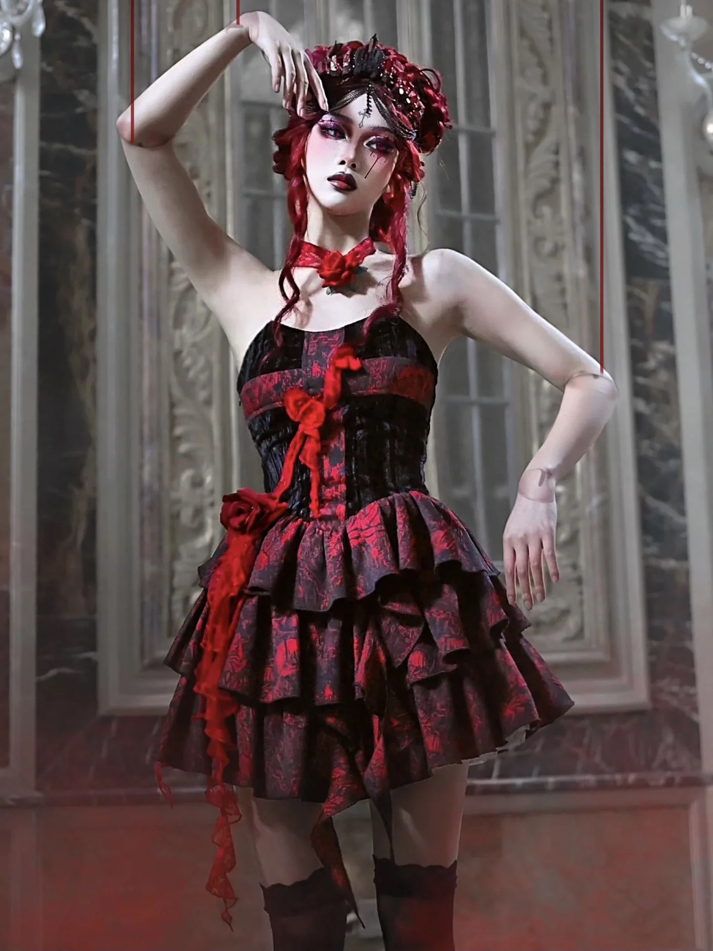 

Blood Supply Original Gothic 3D Red Rose Dobby Lolita Dress Tube Strapless Ball Gown Dress Summer Punk Girls Party Dress