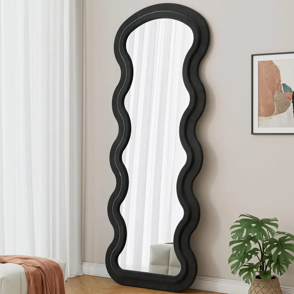 

63 x 24 Full-Length Wall Mirror, Wavy Framed Wooden, Ideal for Wall or Floor Use in Various Rooms, Black