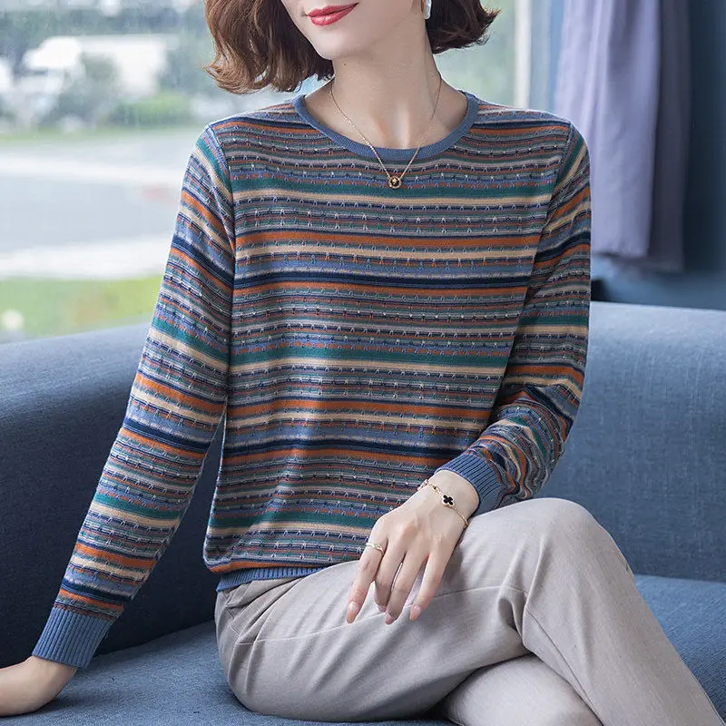 Vintage Autumn Winter Spliced Leisure Knitting Women\'s Clothing Striped Thin O-Neck Dimensional Cut Pullovers Loose-fitting Wild