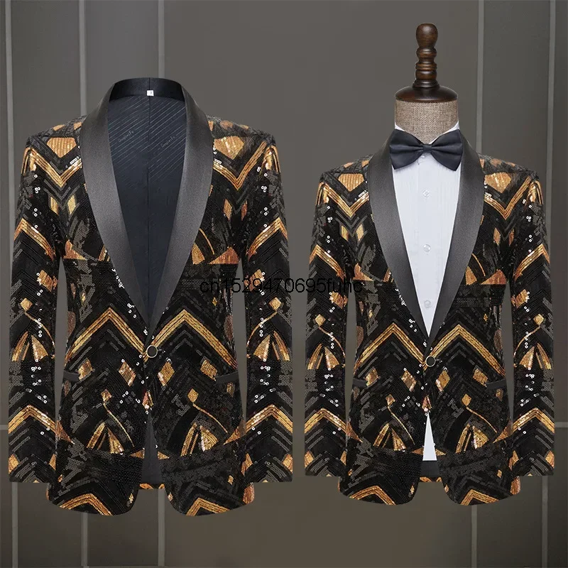 

New Men's Coat Black Gold Sequins Blazer Performance Dress Host Night Club Wedding (Only Jacket)