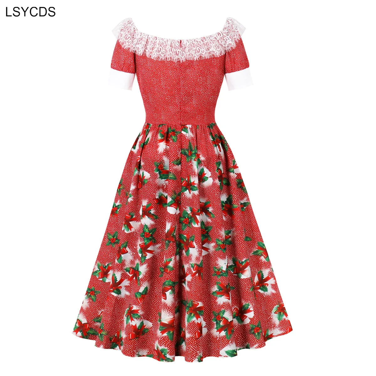 LSYCDS Women Elegant Christmas Dress Lace Detail Buttons Bow Front Red Floral Print Party Clothing Vintage Pleated Midi Dresses