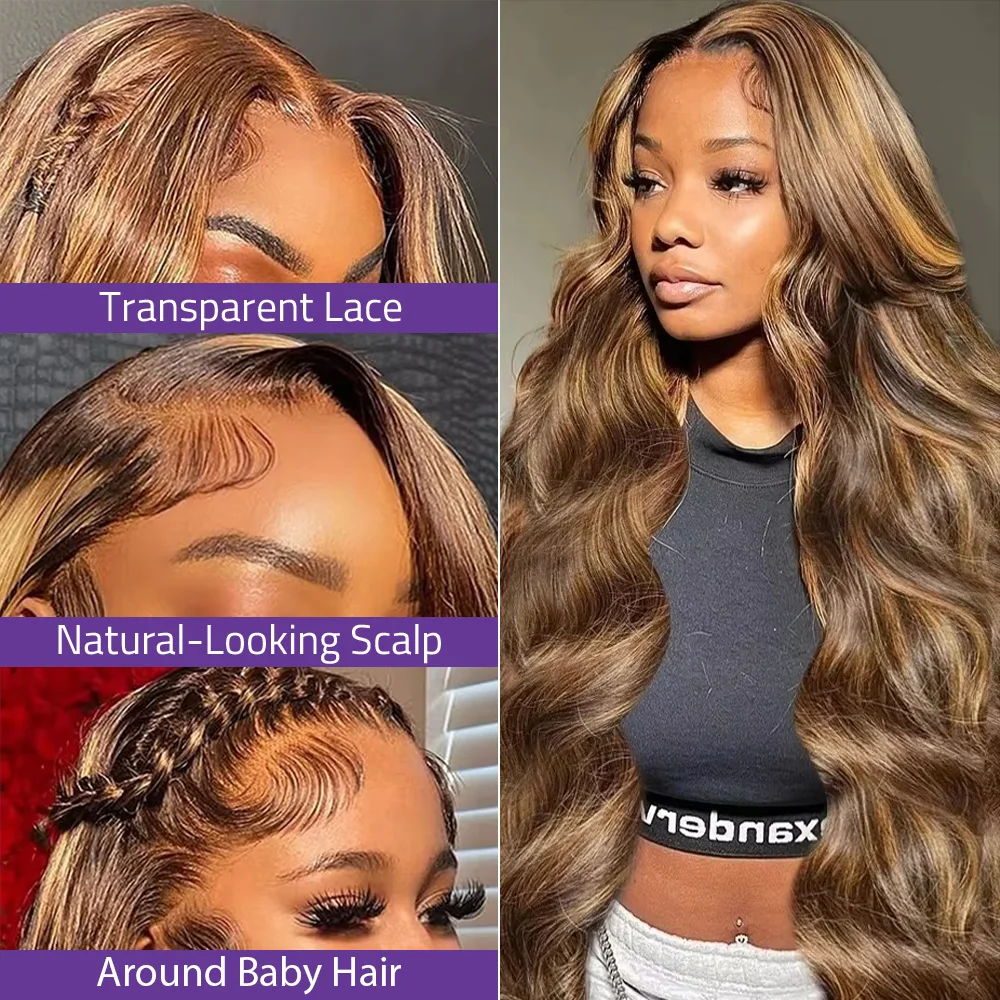 13x4 Highlight P4/27 Body Wave Lace Frontal Human Hair Wig Honey Blonde Colored 13x6 HD Lace Front Wigs For Women Pre Plucked image 2