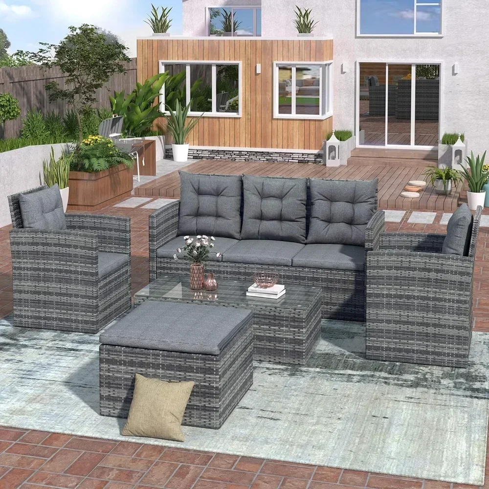 

5-Piece Patio Sofa Set, with Storage Bench/Glass Table/Upgrade Cushions All Weather PE Wicker Furniture Coversation Set