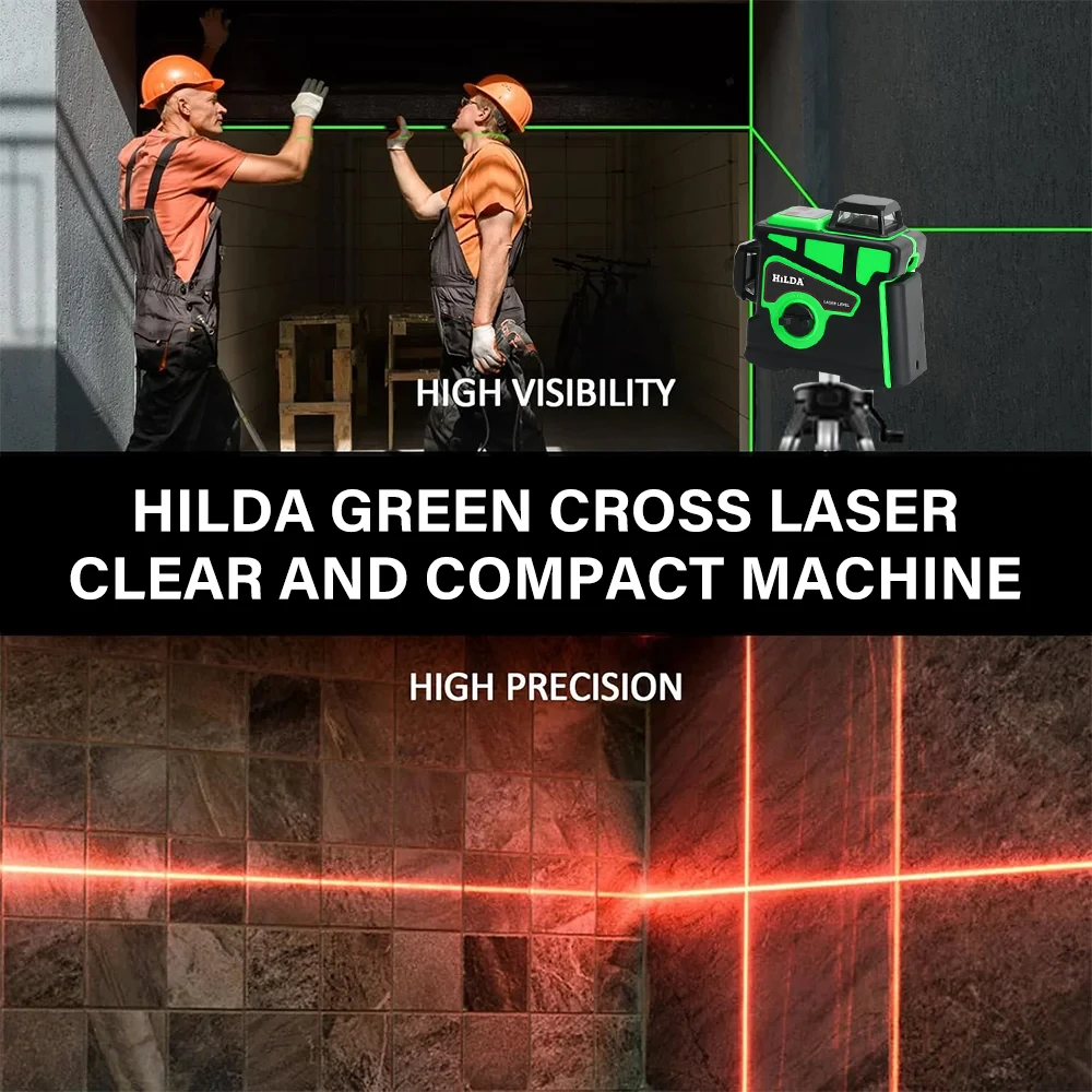 Hilda Nivelador Láser de Ajuste Horizontal y Vertical, Láser Autonivelante, Verde Superpotente, Línea de Cruz, 360, Nivel 3D, 12 Líneas