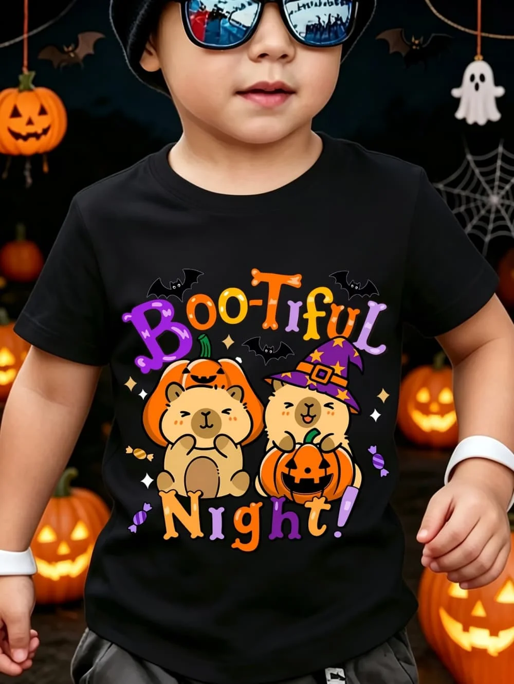 Toddler Boys Halloween Party T-Shirt Cute Capybara Pumpkin Pattern Boo Tiful Night Letter Print Short Sleeve Holiday Casual Tops