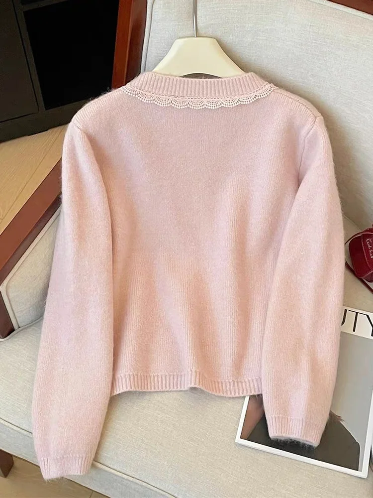 Damski kardigan z kokardą, długi rękaw, uroczy, z koronkowymi wstawkami, vintage, dzianinowy sweter, styl japoński preppy, słodki, casualowy, retro top, nowy
