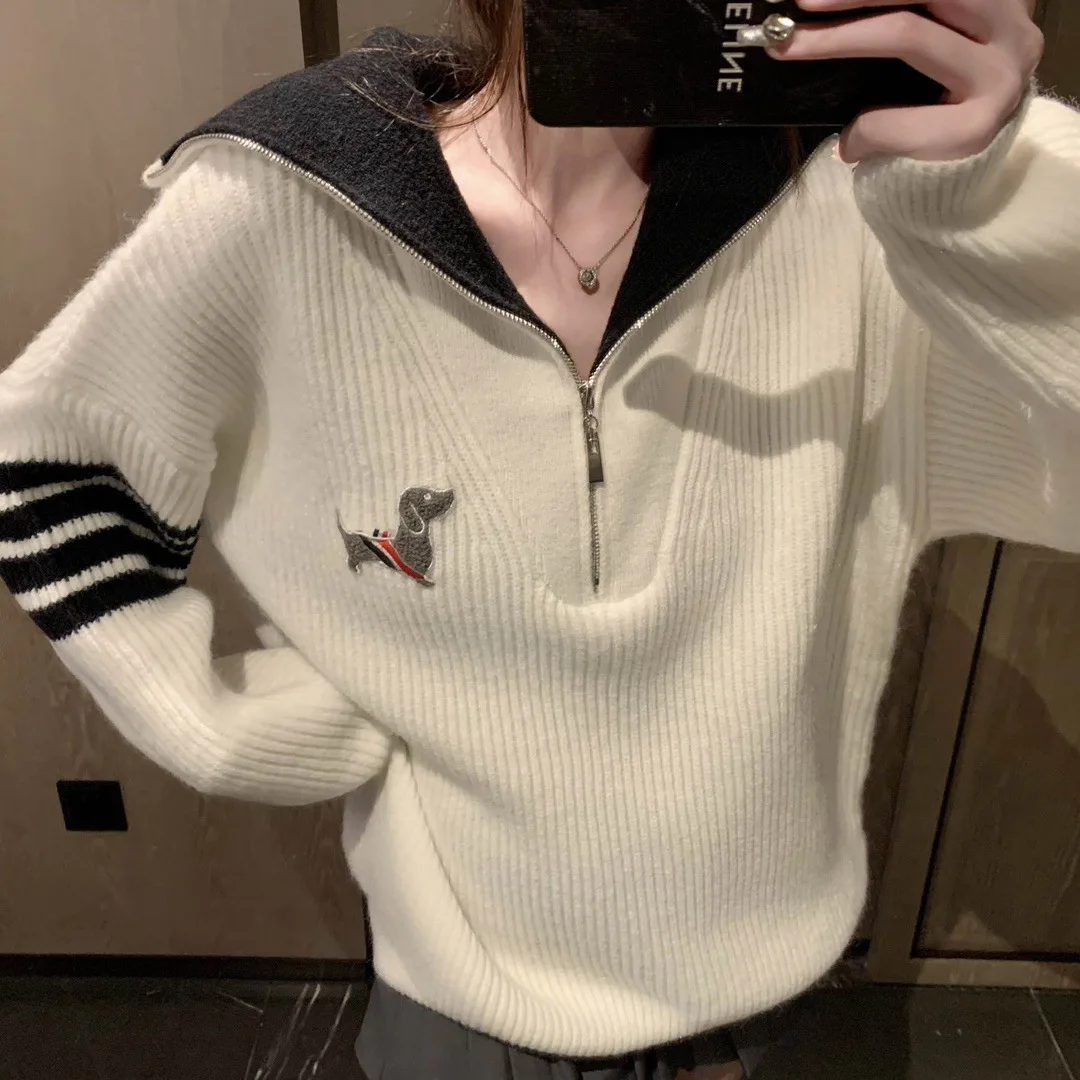 

Thiened Woolen Knitted Sweater Women's Casual Sle f Zipper Big Collar Overhead Stitching Dog Embroidery Autumn Winter