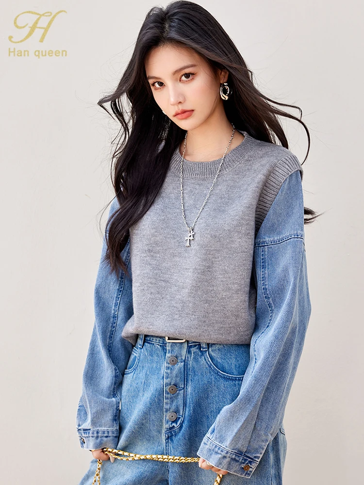 H Han Queen New Autumn Knit Denim Patchwork T-Shirt Women Vintage Work Casual Tops Long Sleeve Elegant Loose Shirts And Blouses