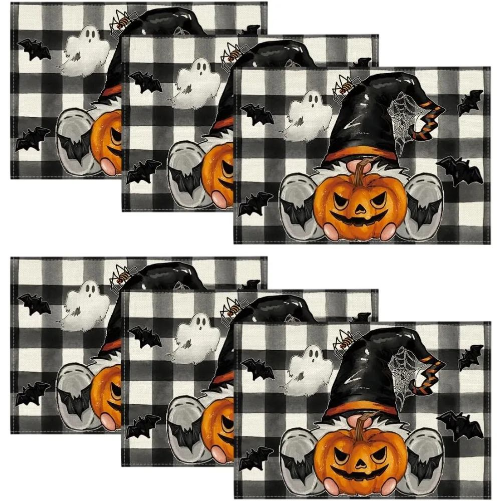 

Buffalo Plaid Gnome Pumpkin Bats Halloween Placemats Set Of 6, 12x18 Inch Seasonal Table Mats For Party Kitchen Dining