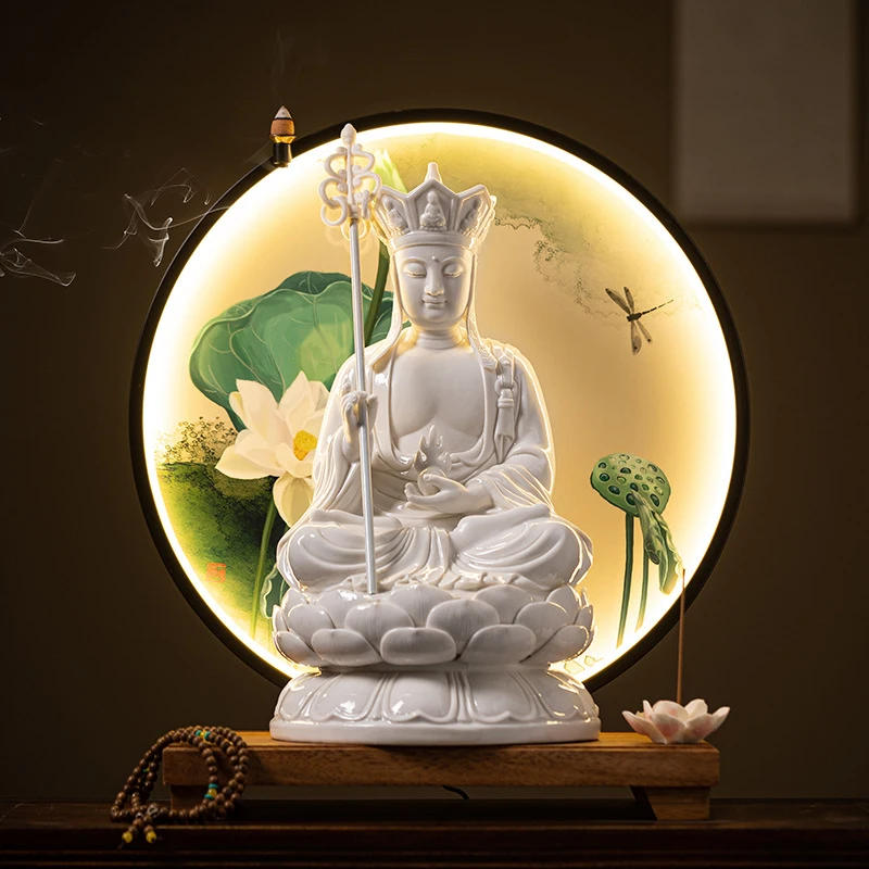Ceramic Zen-Style Bodhisattva Buddha Statue, Ksitigarbha Backflow Incense Burner, Craft For Home Living Room Decorat