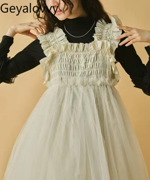 Estilo japonês nicho design senhora vestido elegante com bordas babados casual em camadas plissados pesados vestidos sem mangas femininos