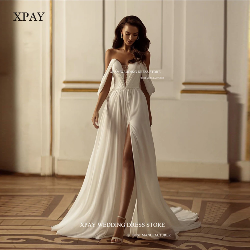 

XPAY New Sexy A-Line Prom Dresses For Dubai Arabia Women V-Neck Off The Shoulder Split Evening Party Dress Vestido de noche