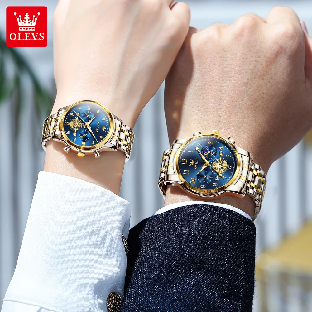 OLEVS, relojes de pareja para hombres y mujeres, esfera de diamante de alta calidad, reloj de pareja de cuarzo Original, reloj de mano con correa de acero inoxidable