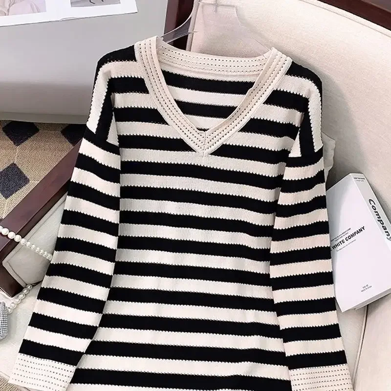 Fashion V-Neck Striped Hollow Out Loose Casual Dresses Women's Clothing Autumn Winter Oversized Knitted Commuter Mini Dress L334