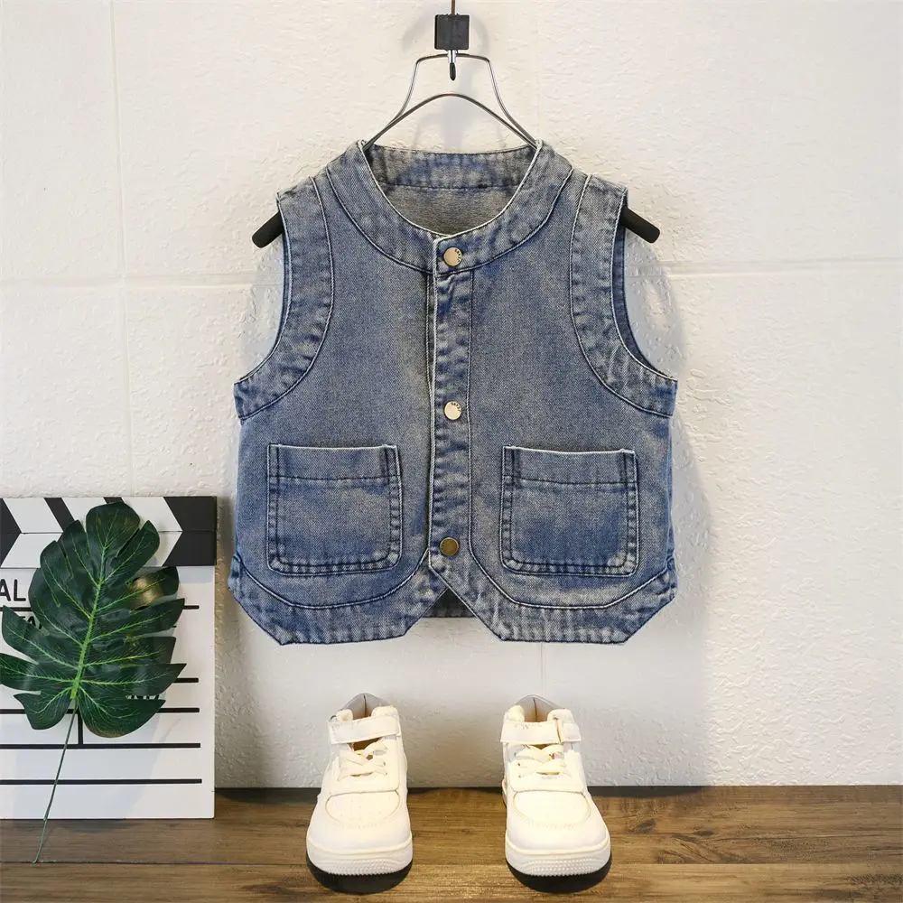 

Children Boy Autumn Denim Waistcoat Solid Round Collar Side Pockets Kids Boys Jacket Loose Infant Babys Boy Sleeveless Outerwear