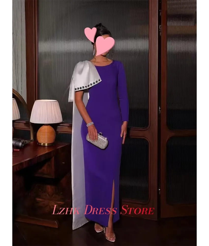 맞춤형 고급 크리스탈 장식 저지 스트레이트 3D 리본 이브닝 드레스 고품질 긴팔 O넥 바닥 길이 파티 가운