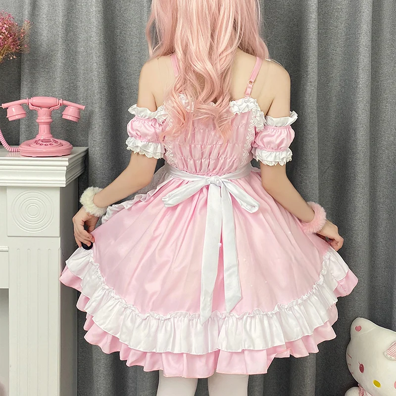 Abito Lolita dolce giapponese Anime Cat Girl Plus Size cameriera Costume Cosplay di Halloween Ruffles rosa abiti da festa principessa Kawaii