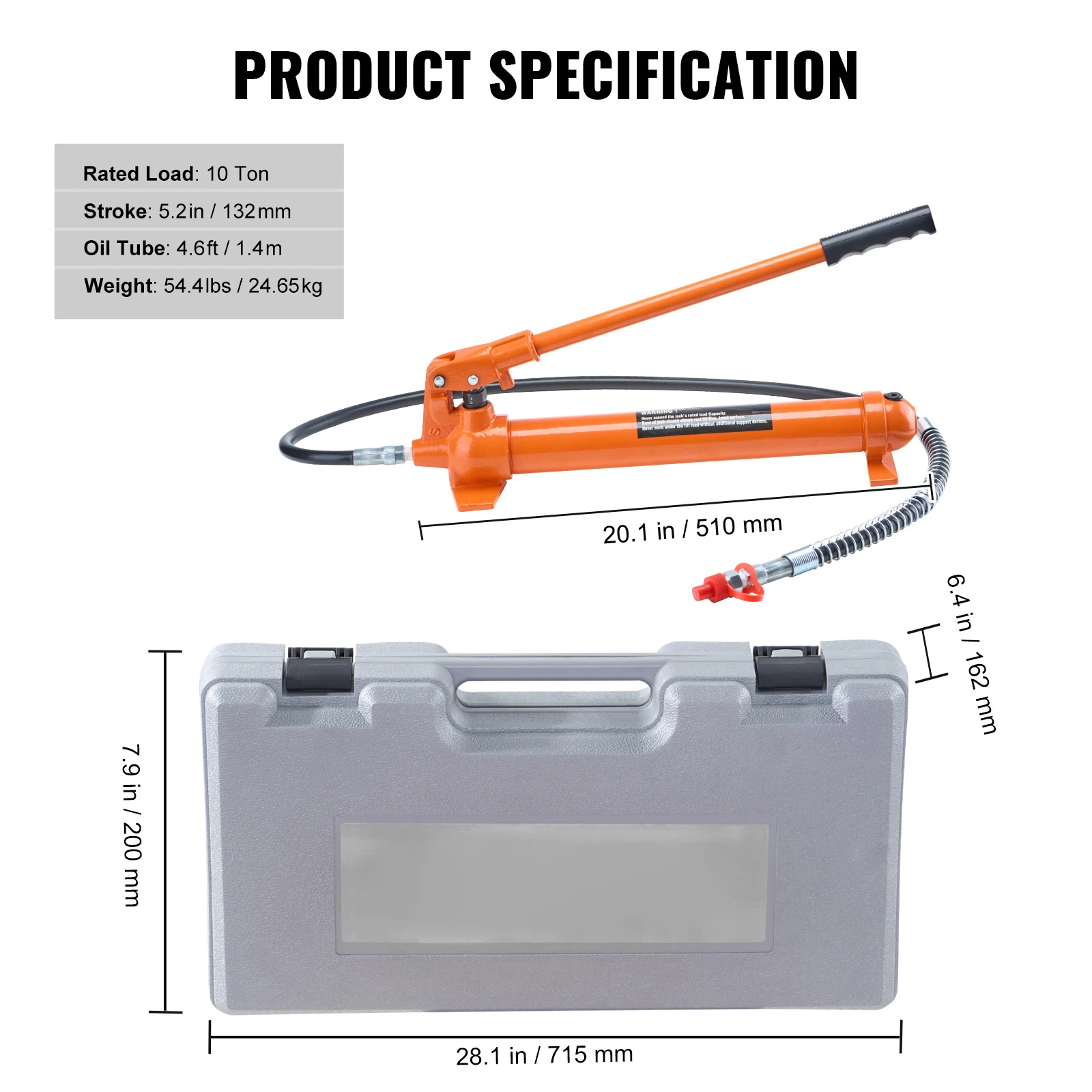 SucceBuy 10/12T Porta Power Kit Draagbare hydraulische krik met 4,6 ft/1,4 m olieslang Autocarrosserieframe Reparatieset met opbergkoffer