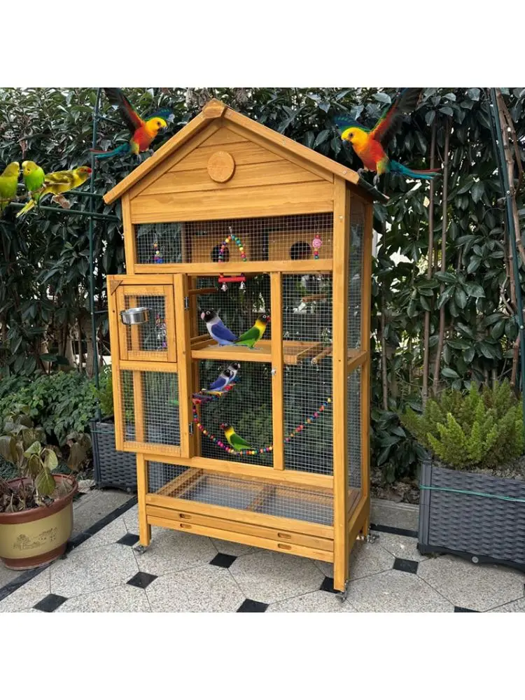 Wooden bird cage outdoor parrot pigeon tiger skin cage solid wood villa