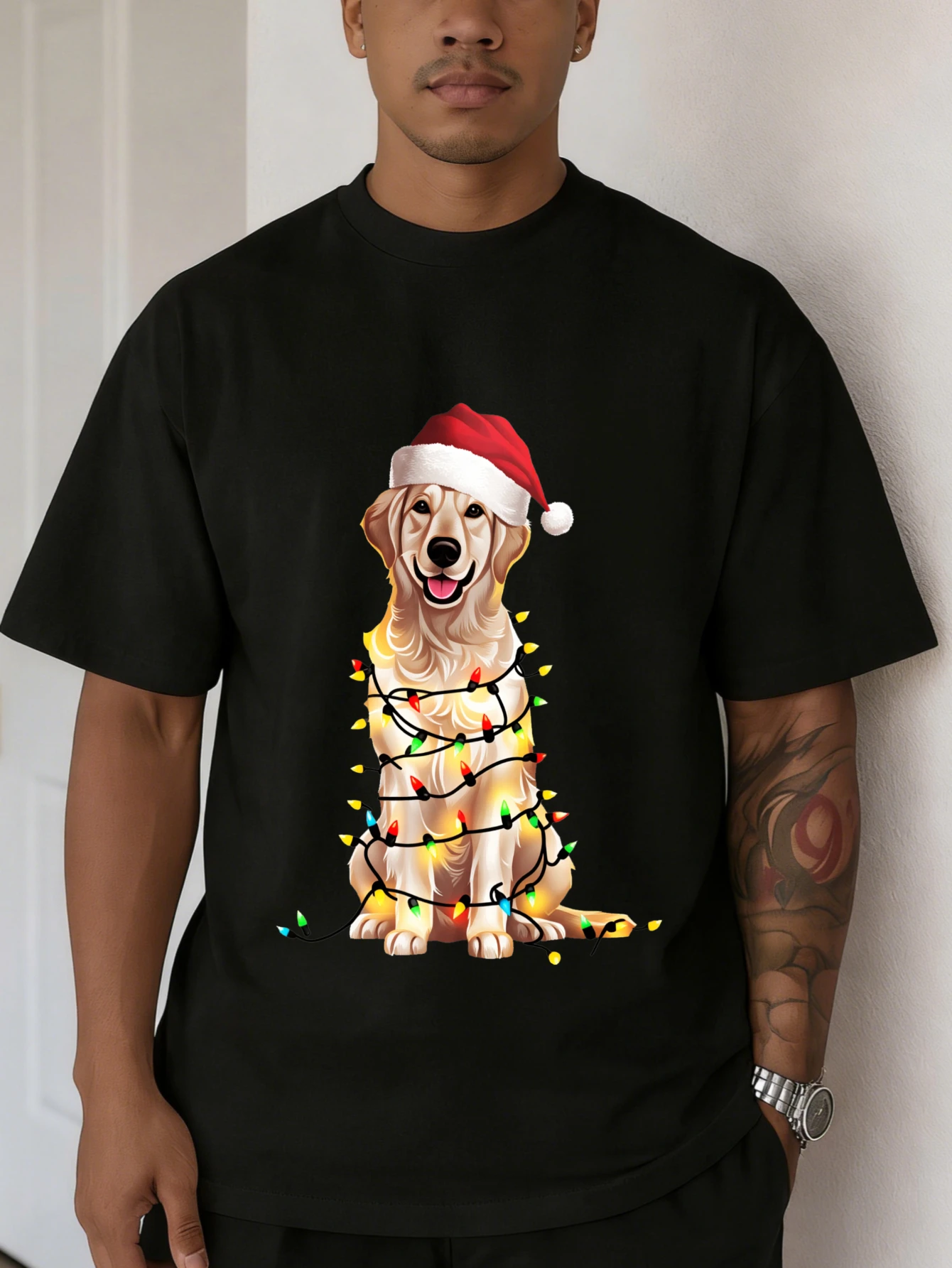 

Men's Oversized Cotton Graphic Funny Christmas Dog Printed T Shirt, Short Sleeve Casual Summer Daily Wear Gift for Him