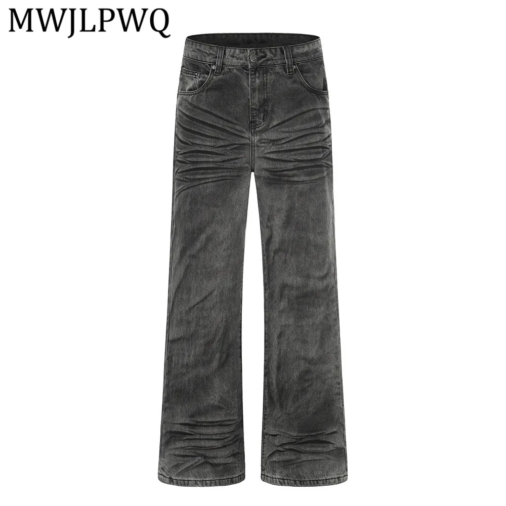 

MWJLPWQ Heavy-Duty Pleated Distressed Gradient Wide-Leg Jeans For Men Punk Style Niche Loose Straight-Leg Trousers Spring 14703