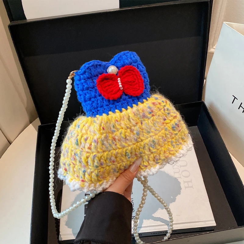 

Handmade Woven Bag For Women Woolen Shoulder Crossbody Bag Cute princess Dress Knitted Bag Young Girl Crochet Mobile Phone Bags