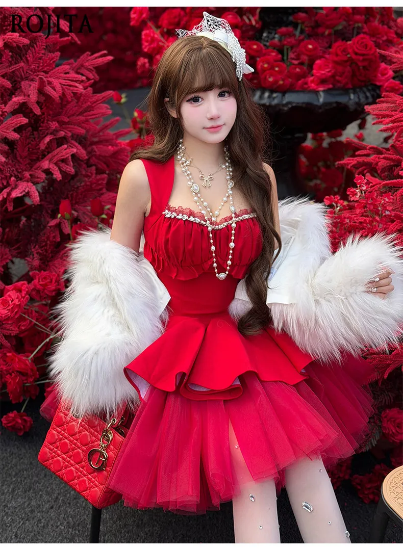 

Red Ballet Fashion Birthday Dress 2026 New Bar Mitzvah Dress Romantic Gorgeous Rhinestone Decoration Mini Dress