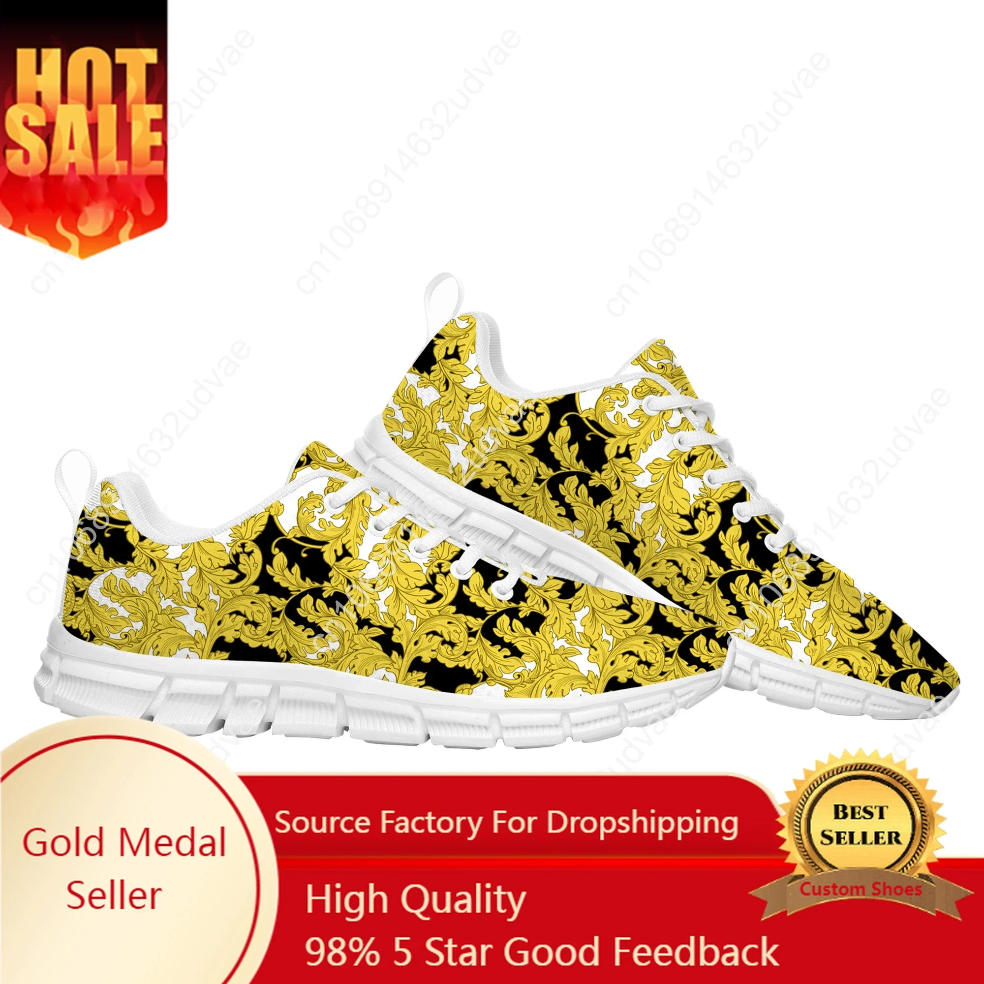 

Luxury Golden Floral Prints Sports Shoes Mens Womens Teenager Kids Children Sneakers Baroque European Casual Custom Couple Shoes