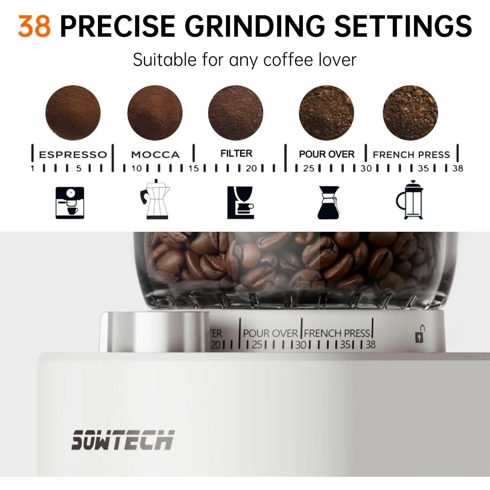 Coffee Grinder, Adjustable Burr Mill, 38 Precise Grind Setting for Espresso/Drip/Pour Over/Cold Brew/French Press Coffee Maker