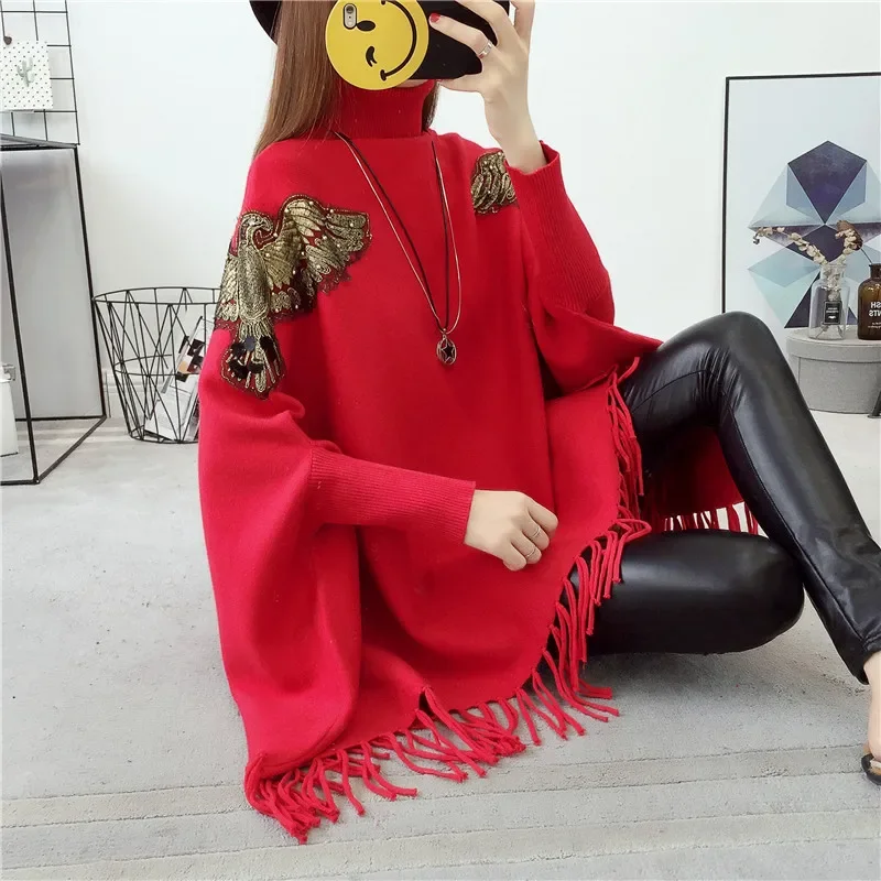 4 Colors Winter Knitted Women Eagle Appliqued Knitted Loose Sweater Long Batwing Sleeves High Neck Tassel Poncho Streetwear