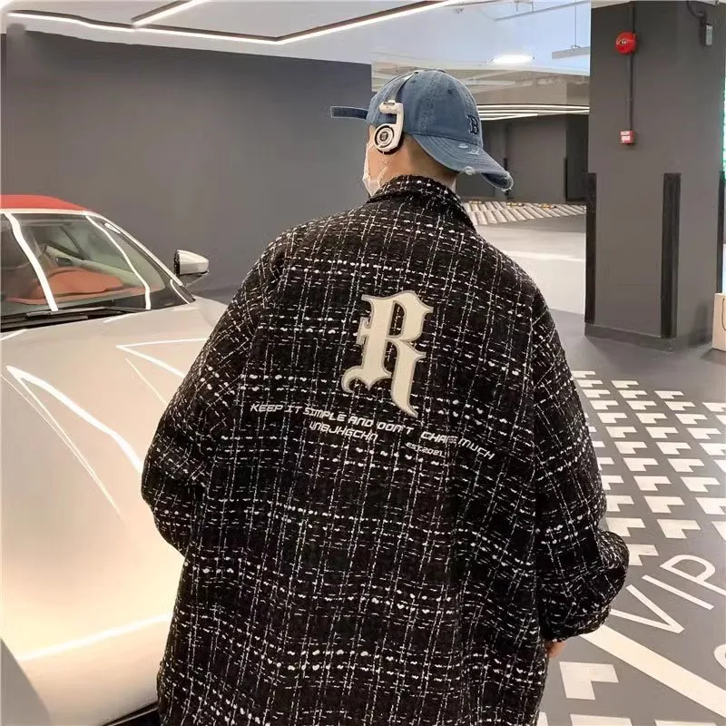 

Autumn Large Size Men's Long Sve Jaet Stand Faion Single Button Plaid Outerwear Youthful Artistic Sle Outerwear