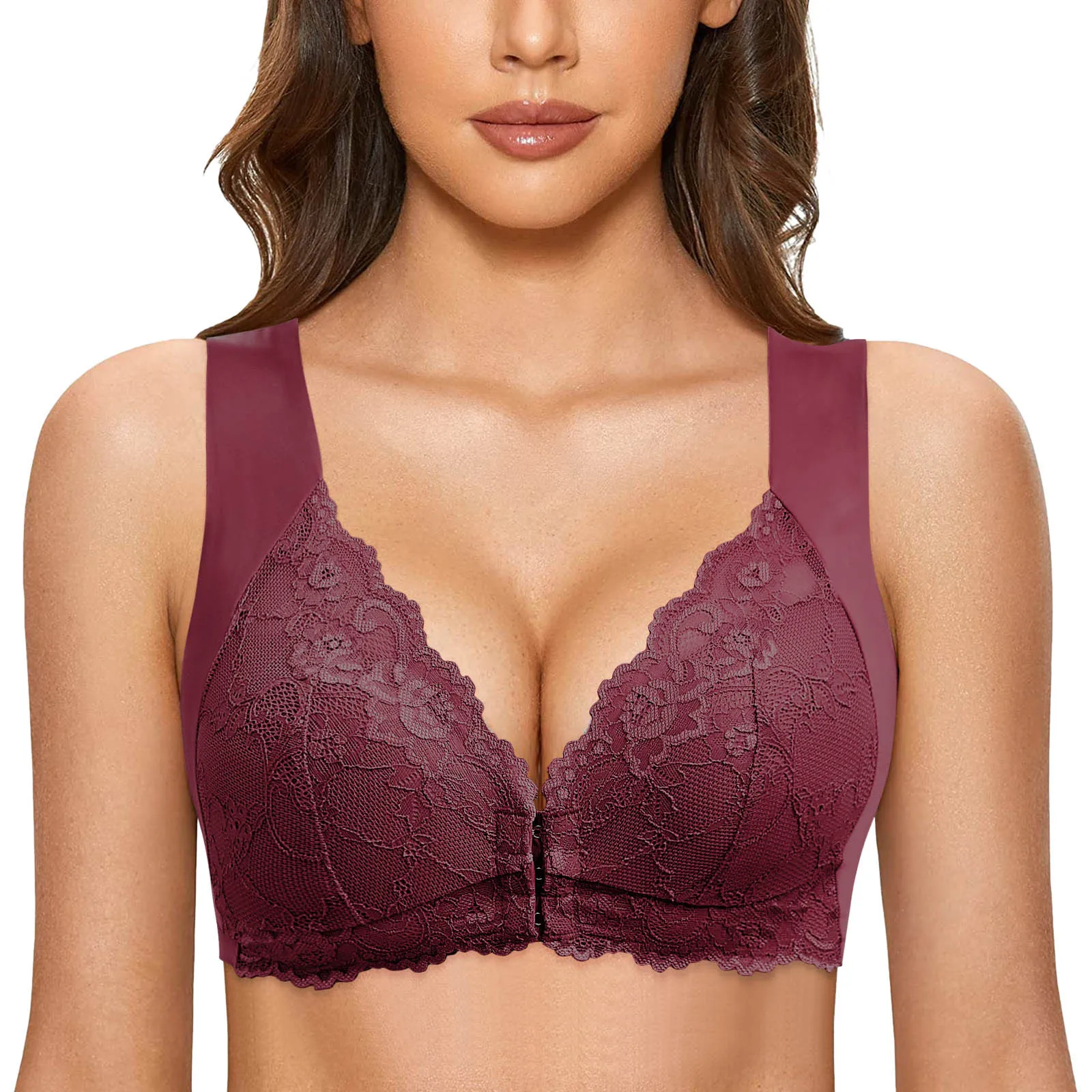 Soutien-gorge en dentelle sans armature en acier pour femme, fermeture avant, dos en T, sans couture, sans doublure, pour grand buste, grande taille, 75D 85D 95D