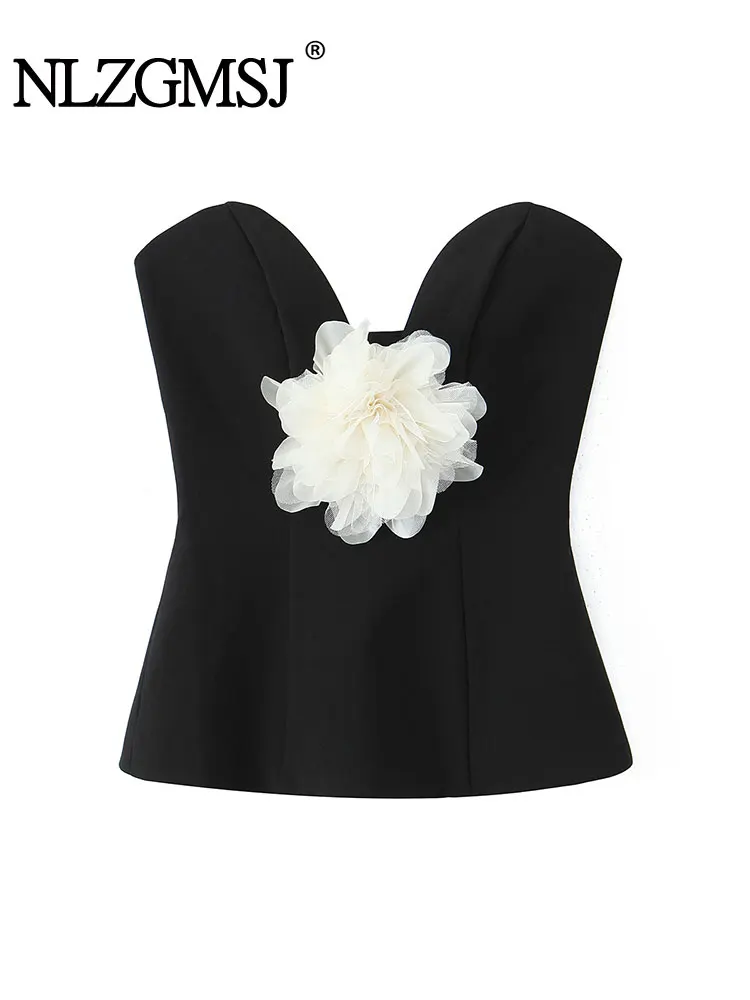 

NLZGMSJ Off Shoulder Women Flower Decoration Tube Top Sleeveless Backless Strapless Slim Tanks Ruched Crop Tops Camisole