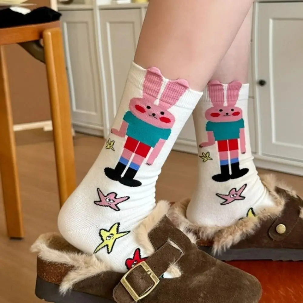 5Pairs Kawaii Rabbit Letter Mid-Calf Socks Multicolor Stripe Cartoon Socks Streetwear Korean Style Tube Socks Women Outdoor