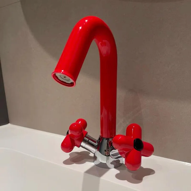 Red Bathroom Basin Faucet Cross Handle Fashion Lovely White Basin Faucet Sink Faucet Hot & Cold Faucet Water Tap