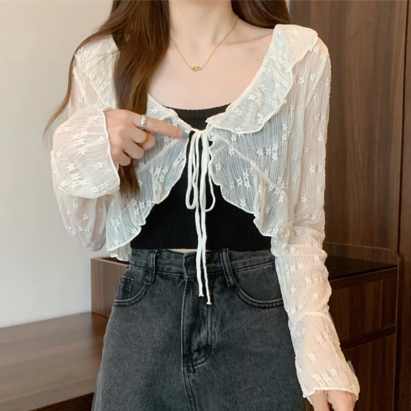 Summer New Thin V-neck Lace up Knit Cardigan Women Long Sleeved Sweet Ruffle Edges Shawl Solid Lace Fresh Sunscreen Shirt Spring