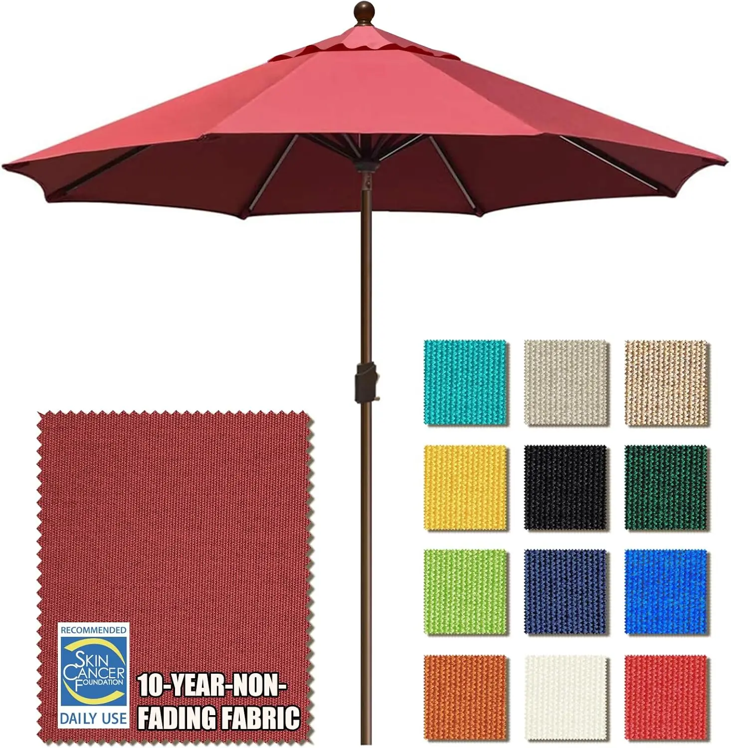 USA 10-Year-Non-Fading 9Ft Market Umbrella Patio Umbrella Outdoor Table Umbrella with Ventilation, Burgundy