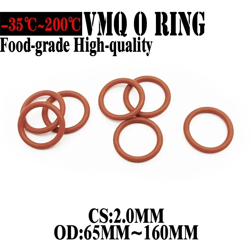 10 Pcs Red VMQ Silicone O Ring CS 2mm OD 65mm ~ 160mm FoodGrade Waterproof Washer Rubber Insulated O Shape Seal Gasket